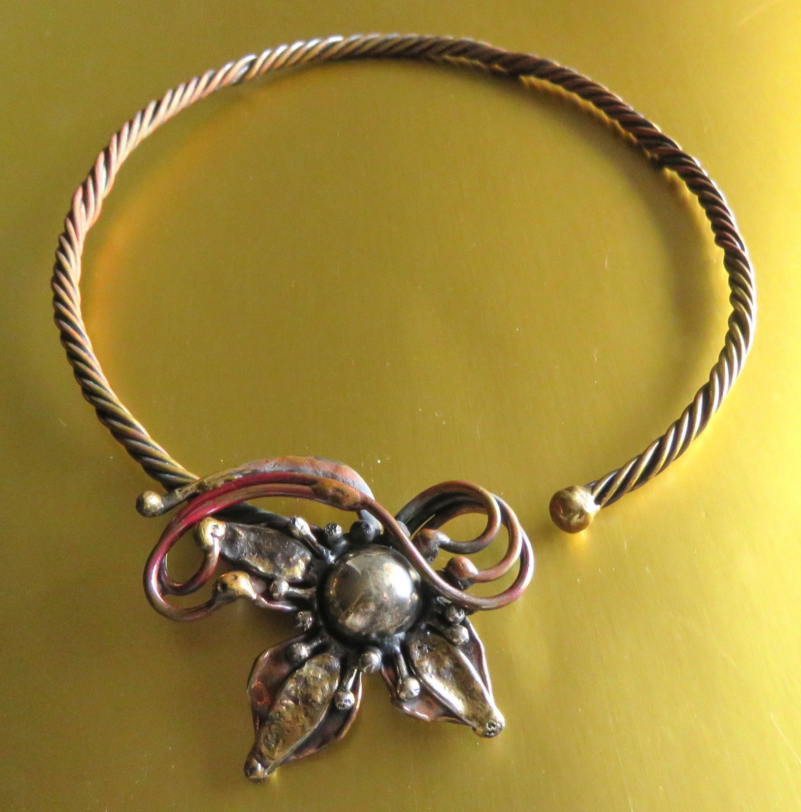 Brutalist Artisan Torque Collar Necklace Asymmetric Floral Centerpiece Vtg