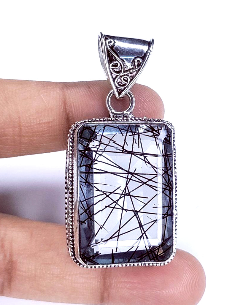 Black Rutialted Quartz Gemstone Handmade 925 Sterling Silver Jewelry Pendant 2″