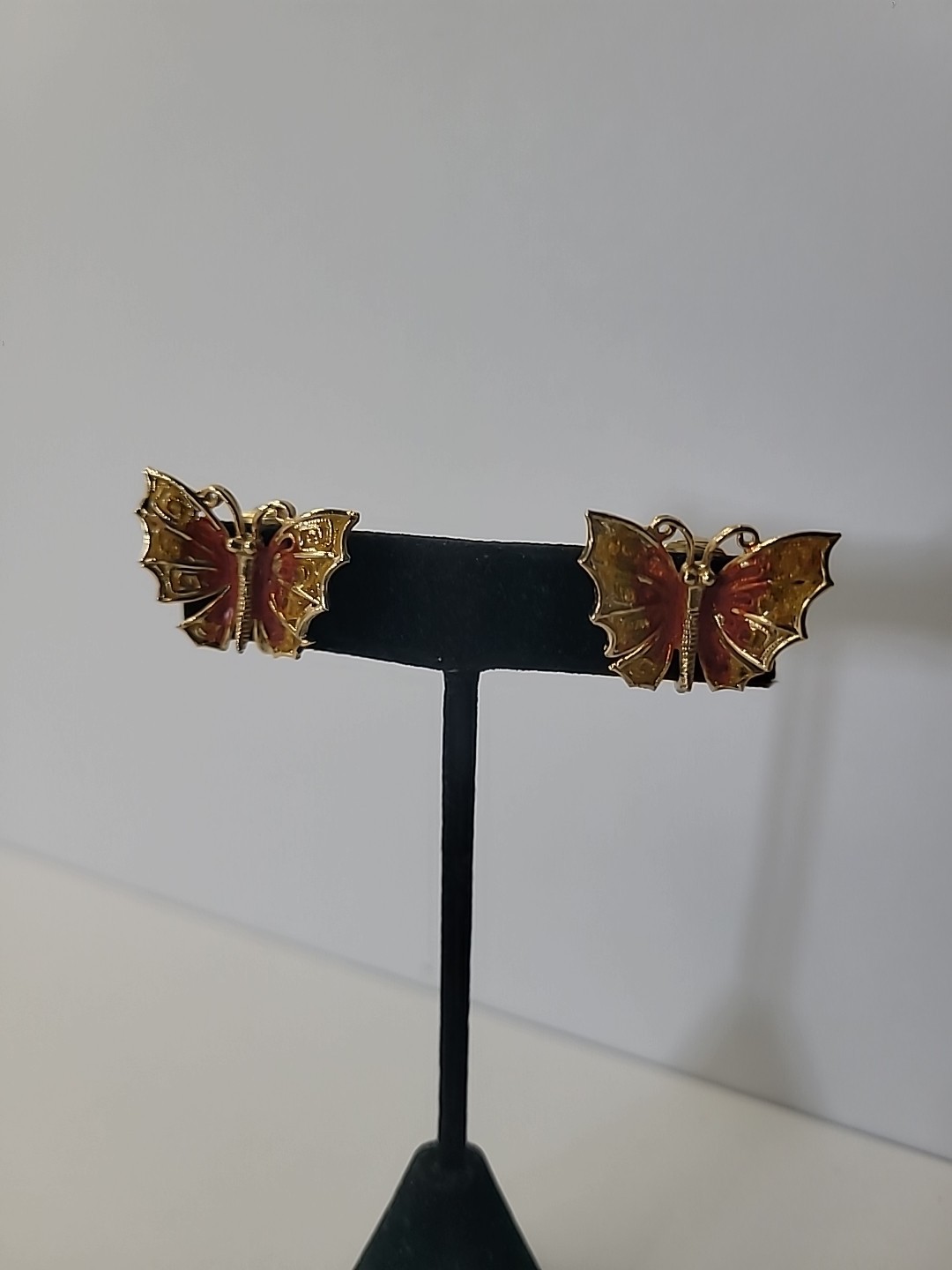 Vintage Lisner Butterfly Clip On Earrings Enamel Yellow Orange Gold Tone Mid Cen