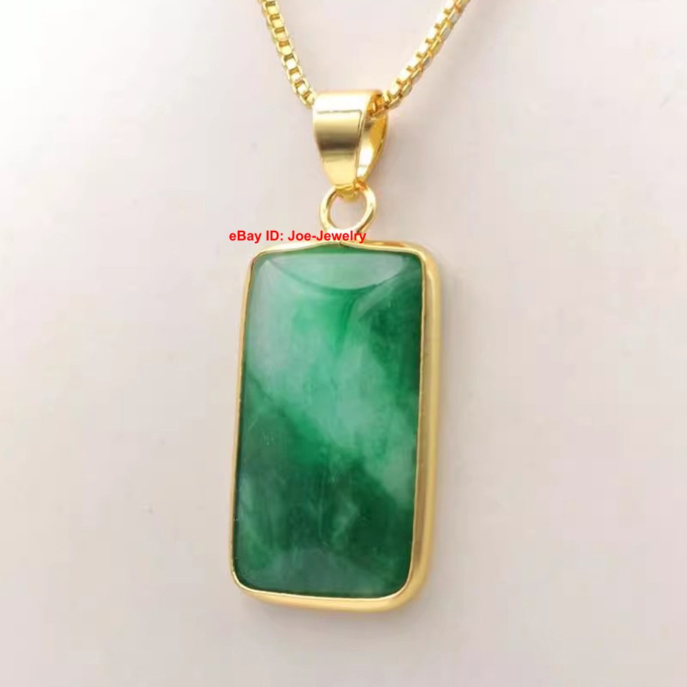 NEW Yellow-Plated Alloy Rectangle Green Jade Pendant Good Luck 35x15mm
