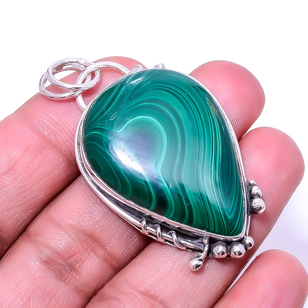 Natural Malachite – Congo Gemstone 925 Sterling Silver Pendant 2.03″ P946125854