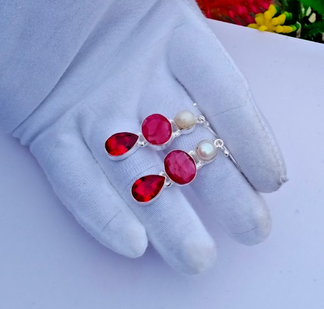 Ruby, Pearl, garnet Handmade Earring |925 Silver Earring Gemstone Jewelry
