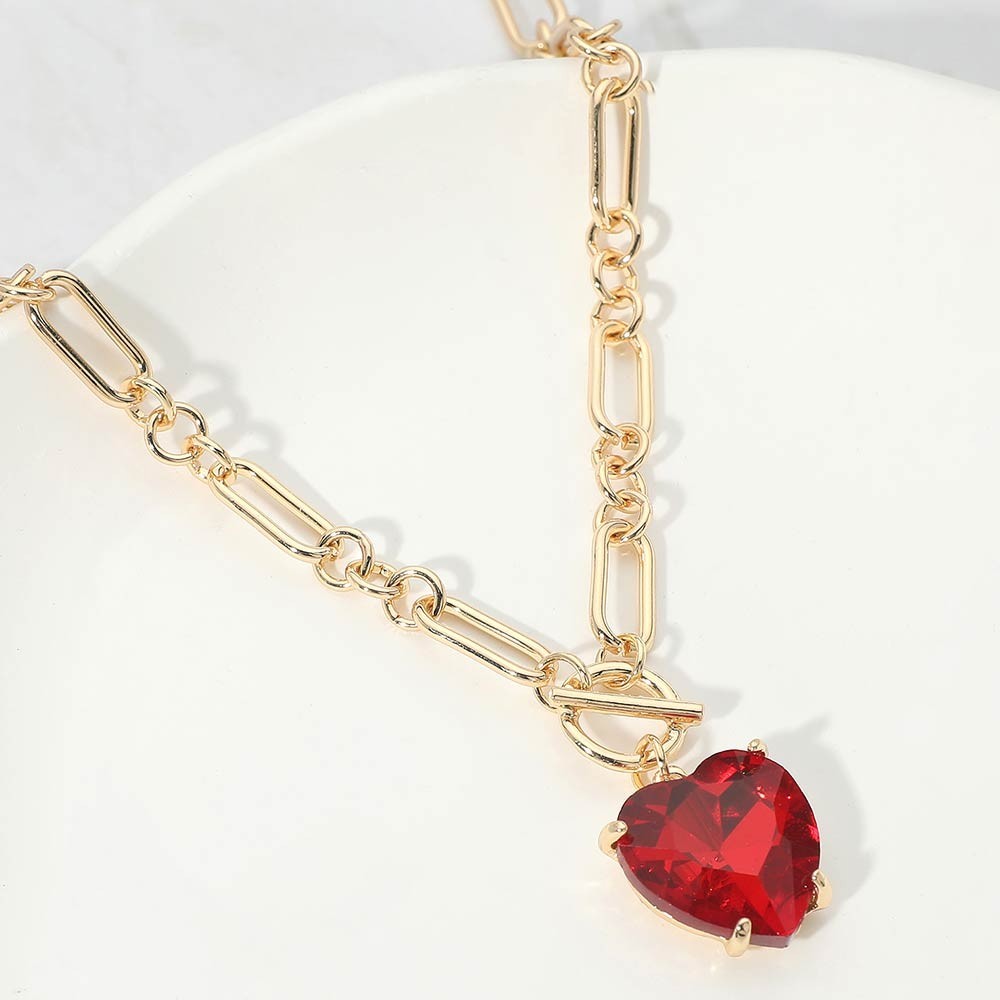 Gold Tone Red Heart Crystal Toggle Necklace Paperclip Chain Statement Pendant