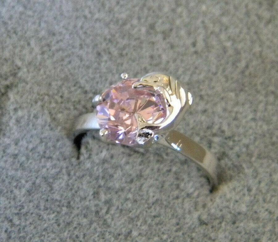 Girl’s Lady’s Women’s Rhodium Plated Dolphin Ring Round Pink 6mm CZ Size 7
