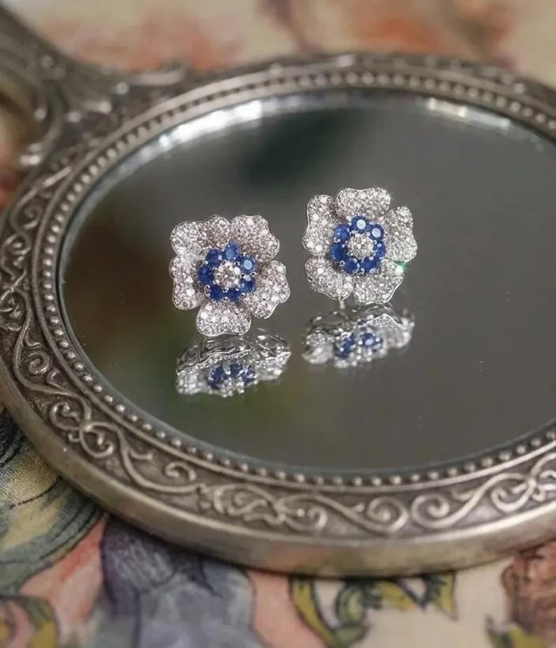 2 Ct Round Simulated Sapphire Women’s Flower Stud Earring 14k White Gold Plated
