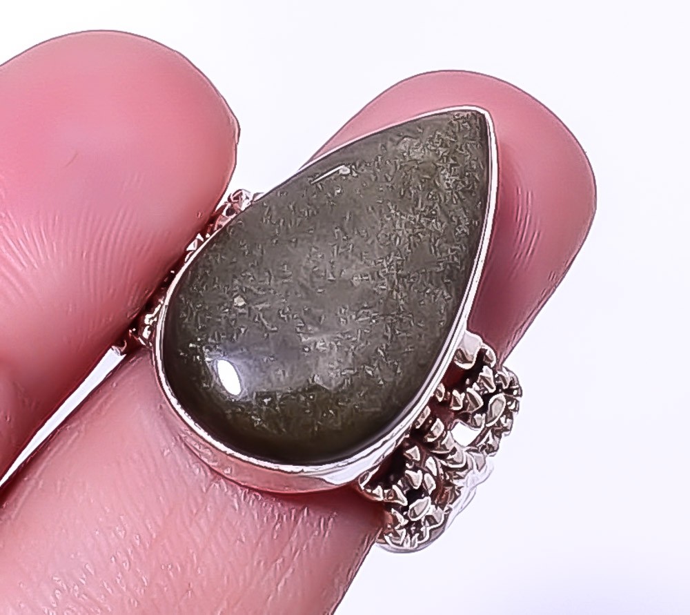 Golden Sheen Obsidian Gemstone Silver Handmade Ring s.8 A353