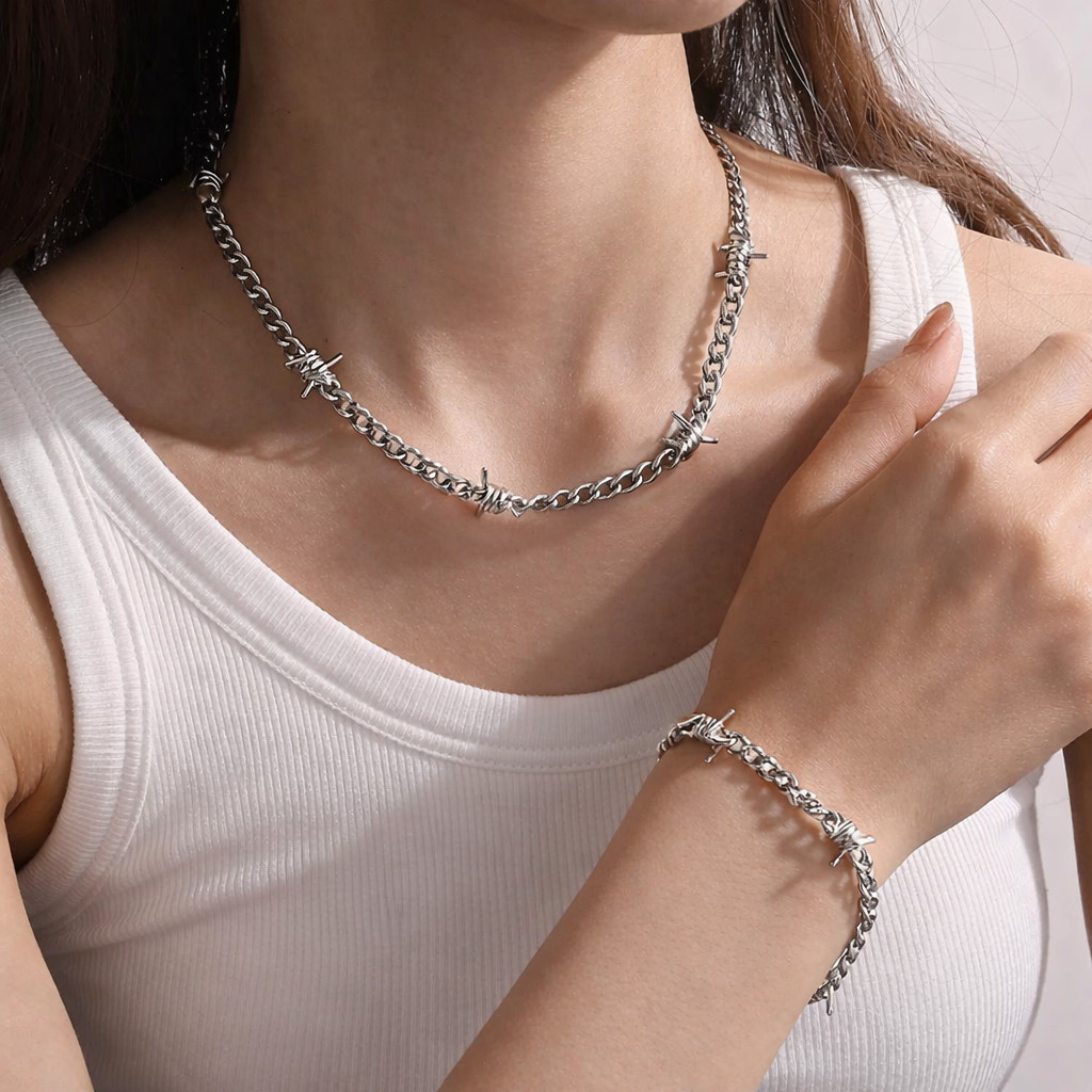 Stainless Steel Barbed Wire Chain Necklace Silver Industrial Punk Jewelry Women