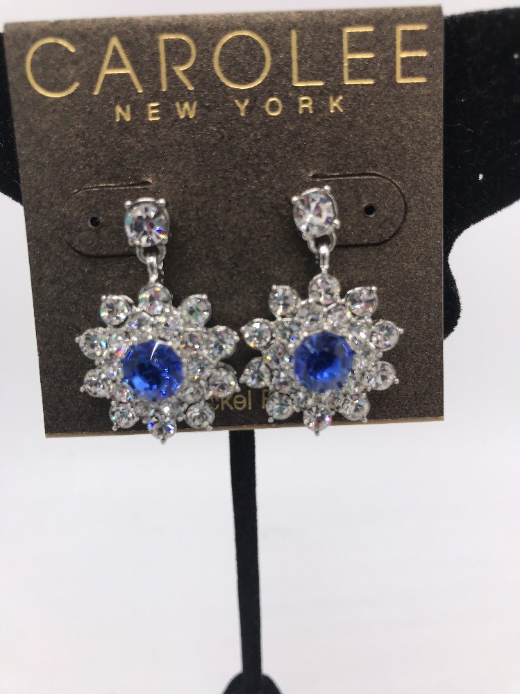 $40 Carolee Blue & Clear Crystal Flower Drop Earrings C1A