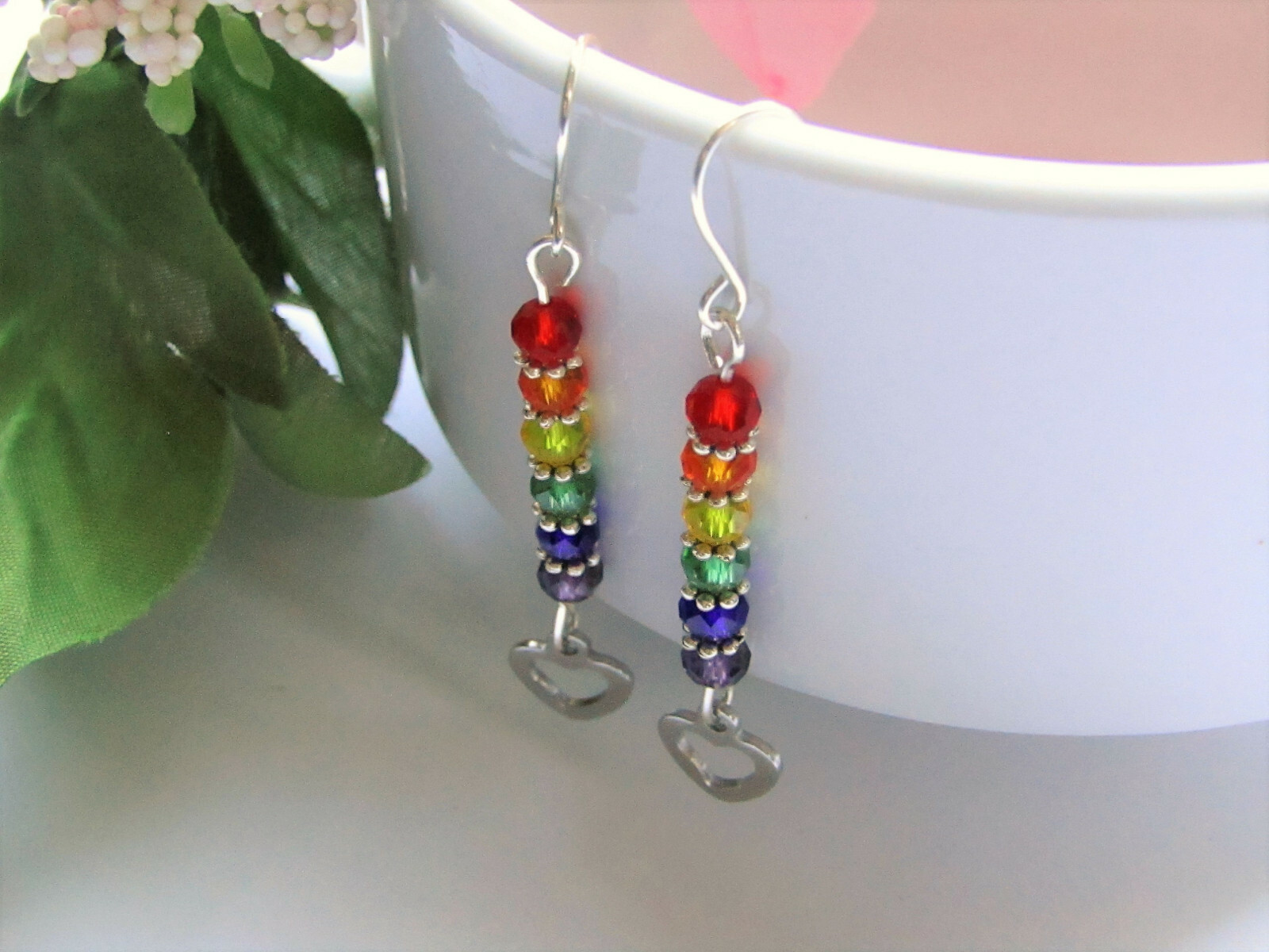 Rainbow PRIDE Glass Stainless Steel Heart Charm Silver Dangle Earrings