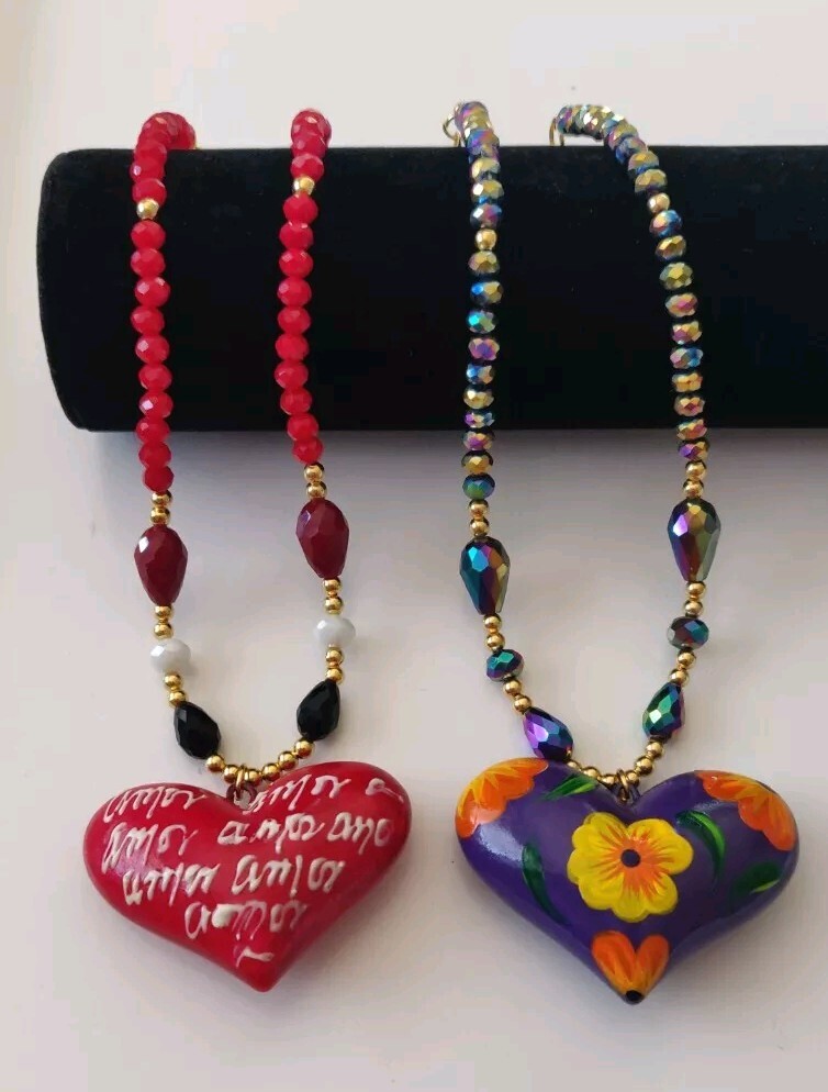collar artesanal mexicano, Lote de 12 Pz, corazon hand made, cristal y chapa.