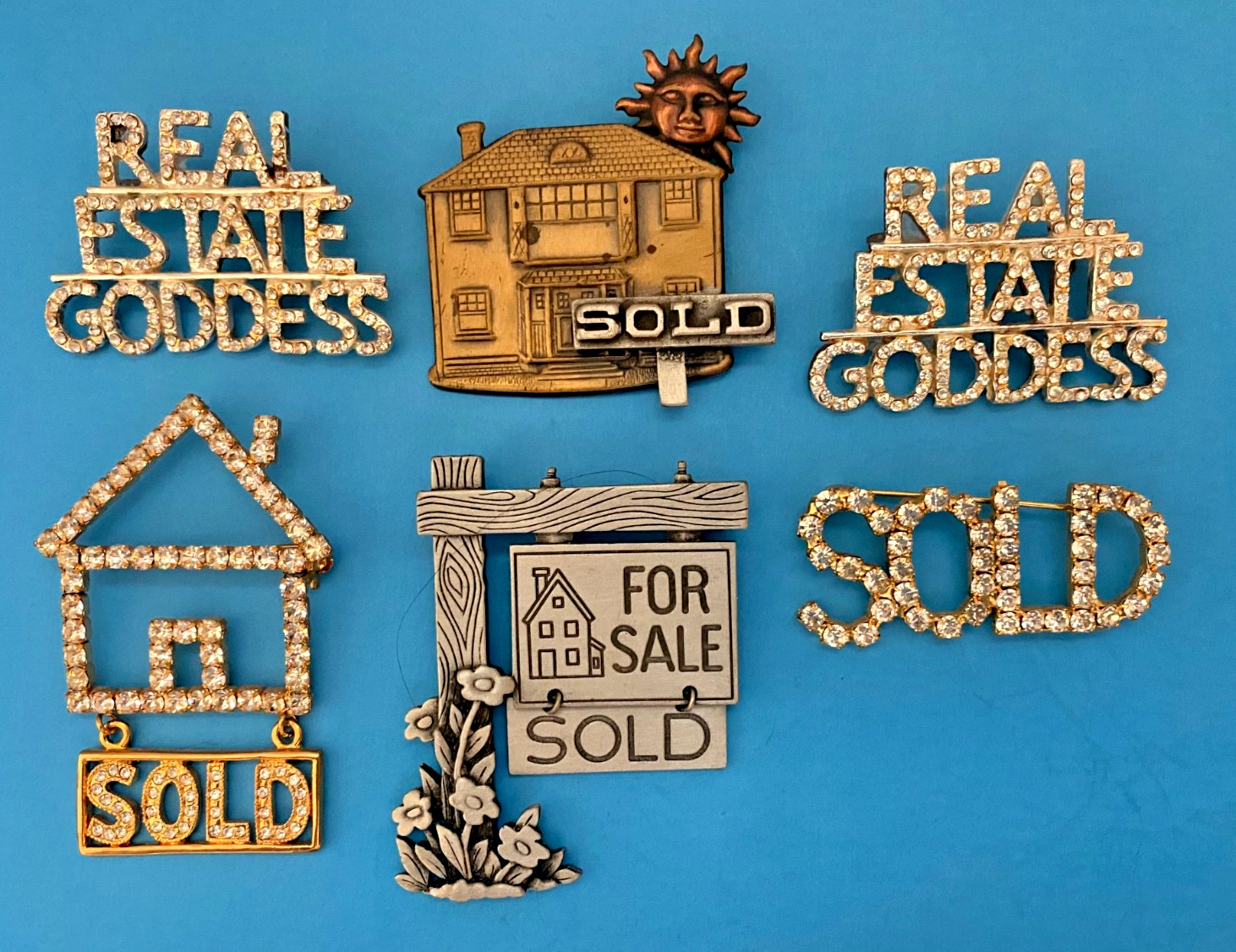 Lot 6 Realtor Real Estate Sold House Brooches Pins, Rhinestone, 1 Signed JJ