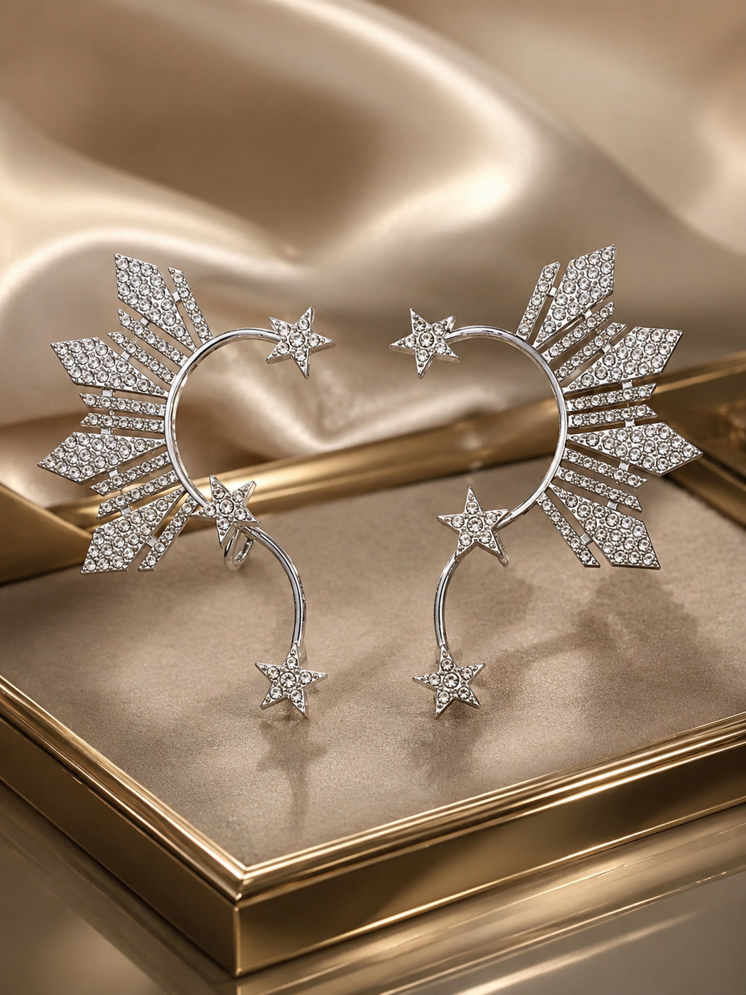 Gold Crystal Ear Cuff Earrings Star Rhinestone Bridal Ear Wrap Wedding Jewelry