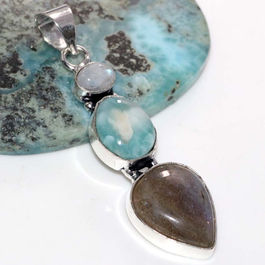 925 Silver Plated Long Fiery Labradorite Larimar Pendant 2.1″ Fashion Sale MJ