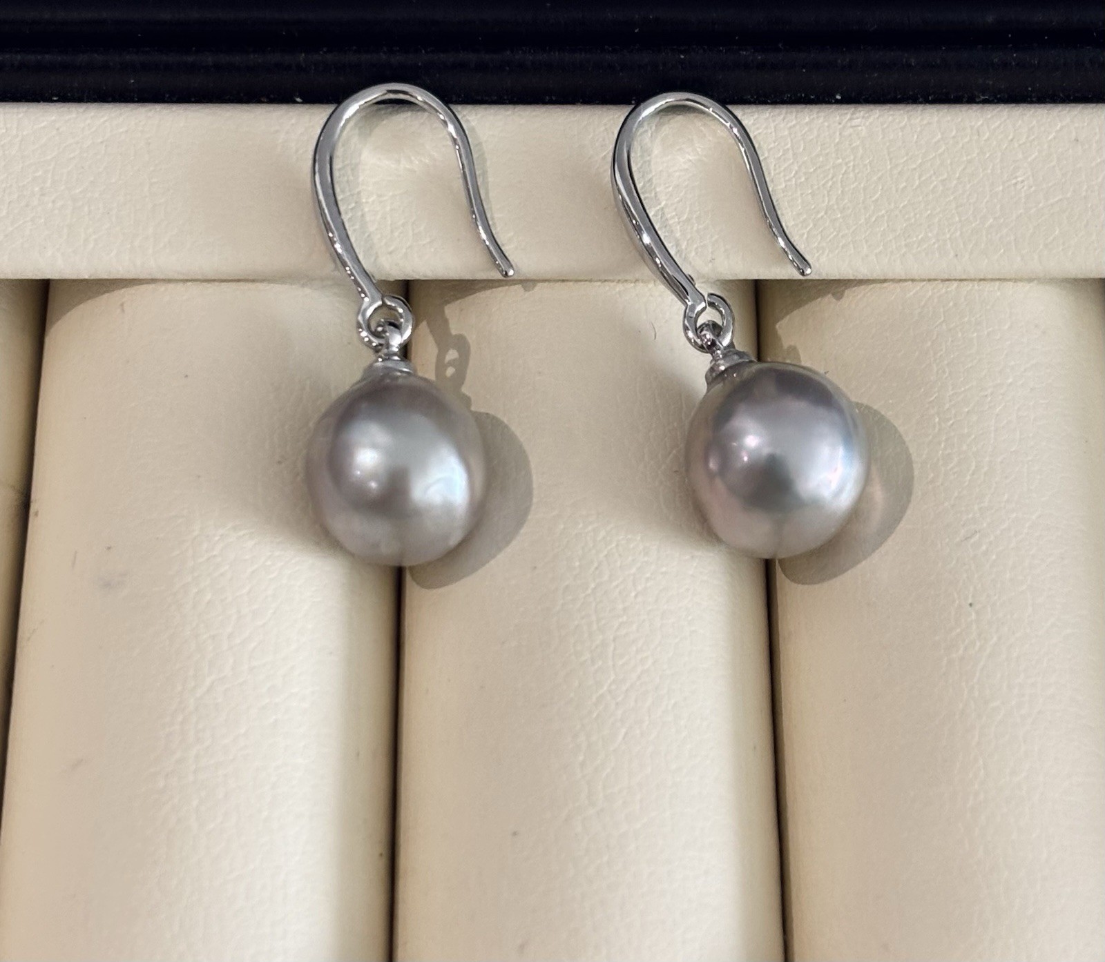Silver Grey Freshwater Pearl Drop Earrings • Hook • 8~9mm