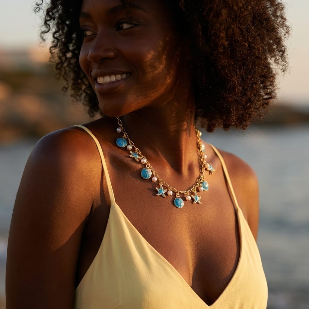 Starfish Shell Charm Choker Necklace Gold Tone Faux Pearl Beach Boho Women