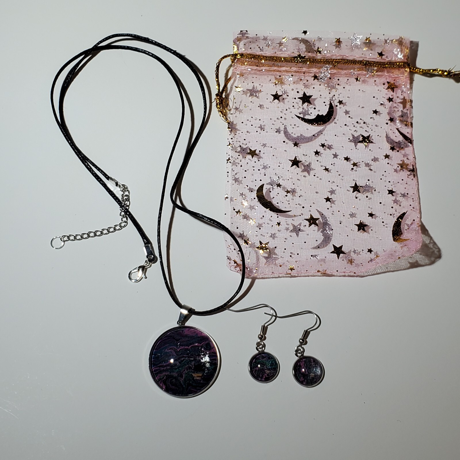 Necklace and Earrings Set, Acrylic Paint Pour Painting Jewelry, A10