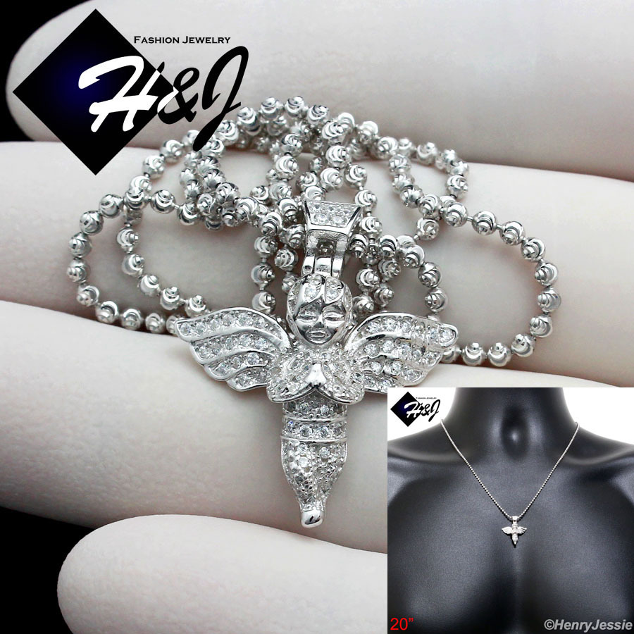 20″MEN 925 STERLING SILVER 2MM MOON CUT BEADED CHAIN CZ ANGEL WING PENDANT*SP106