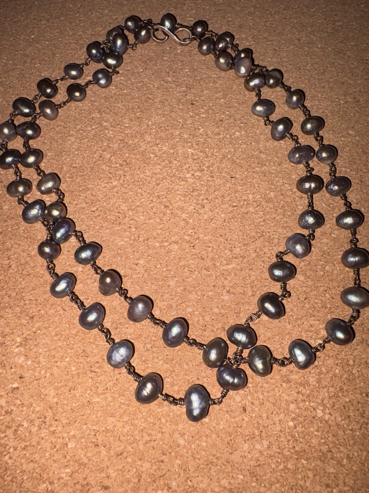 Artisan Wire Wrapped Iridescent Peacock Pearl Rosary Chain Style Necklace