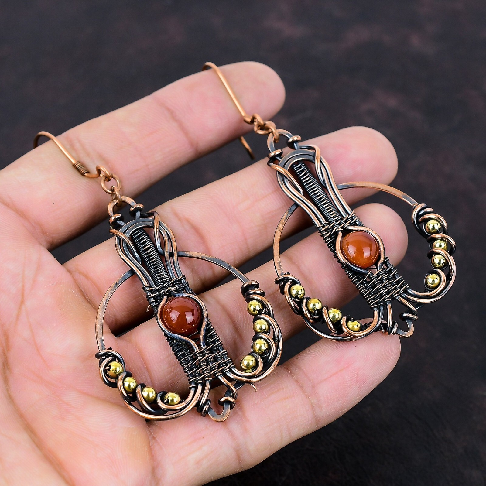 Women Day Gift Carnelian Wire Wrapped Drop/Dangle Earrings Copper 3.35″