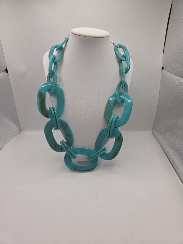 Bocar Resin/ Plastic Chain Link Necklace Chunky Statement Teal/Turquoise