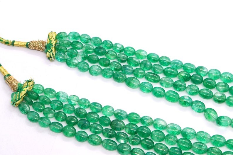 4 Layer Green Emerald Smooth Oval Shape Gemstone Beads Handmade Necklaces 18”