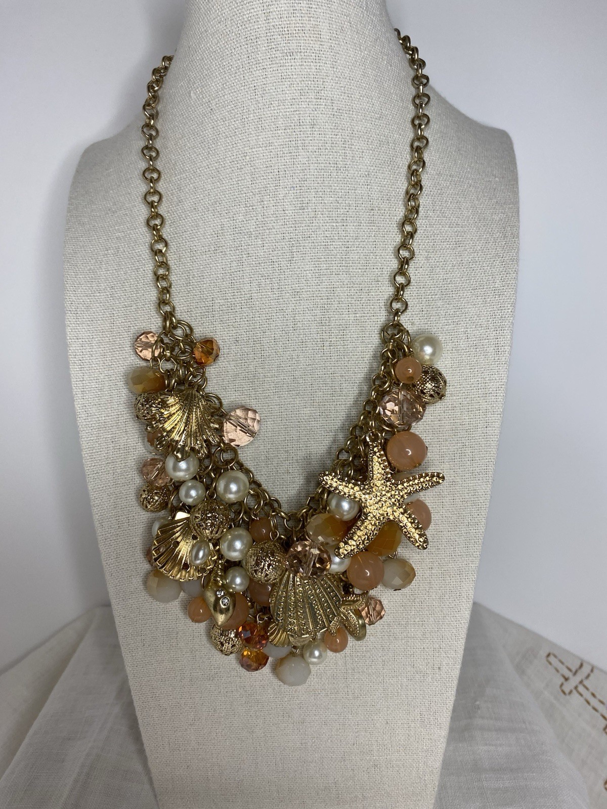 Coastal Statement Bib Necklace Shell Starfish Beaded Cha Cha Faux Pearls Charms