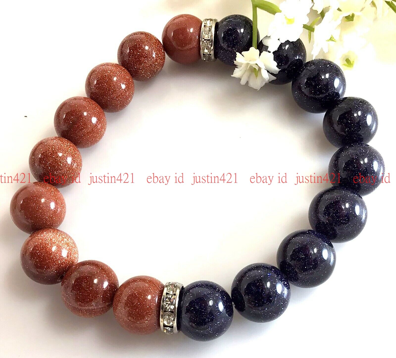 Natural 10mm Pretty Gold & Blue Sandstone Round Gemstone Elastic Bracelet 7.5″
