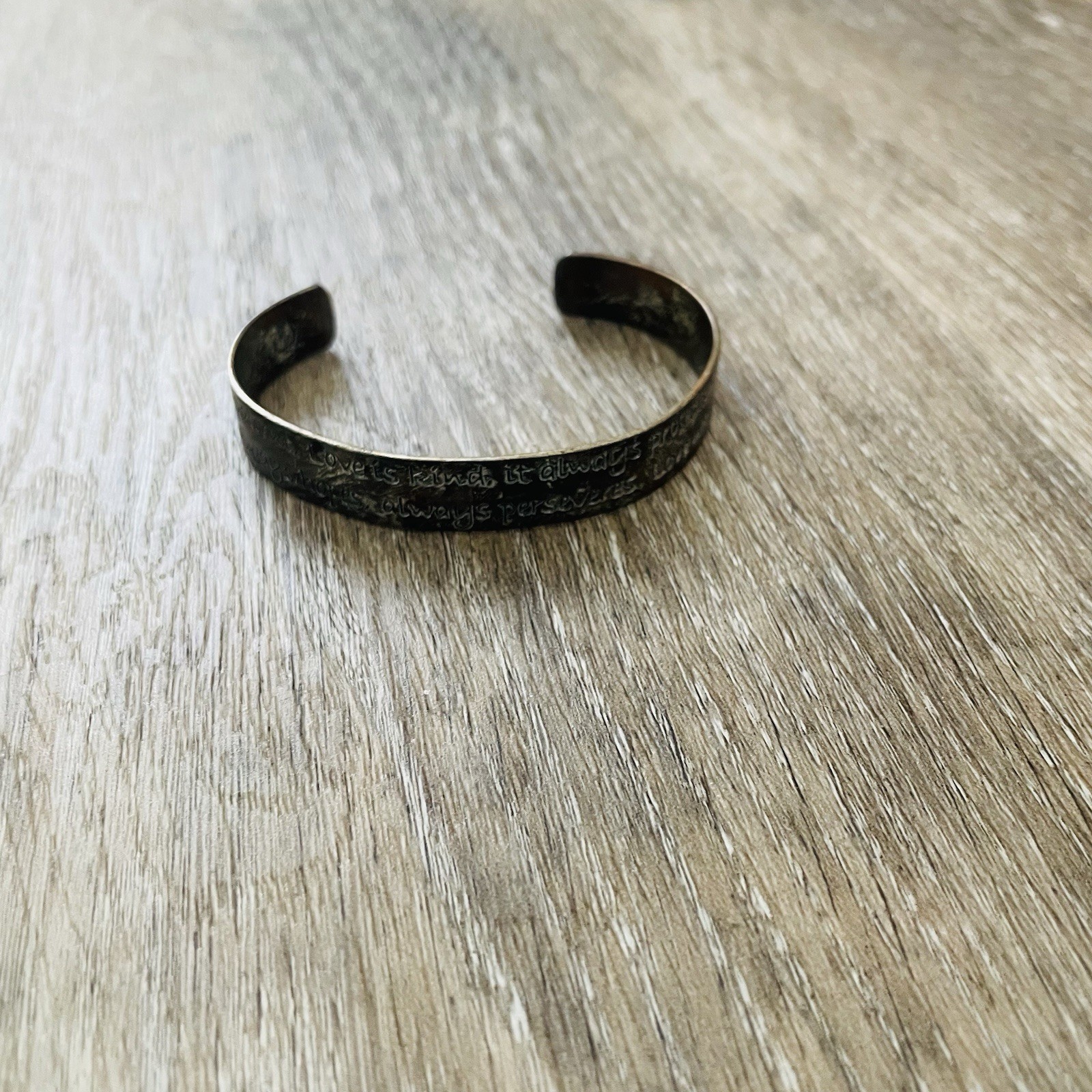 Love is patient, Love is kind… Open Cuff Bracelet – Distressed Black Finish