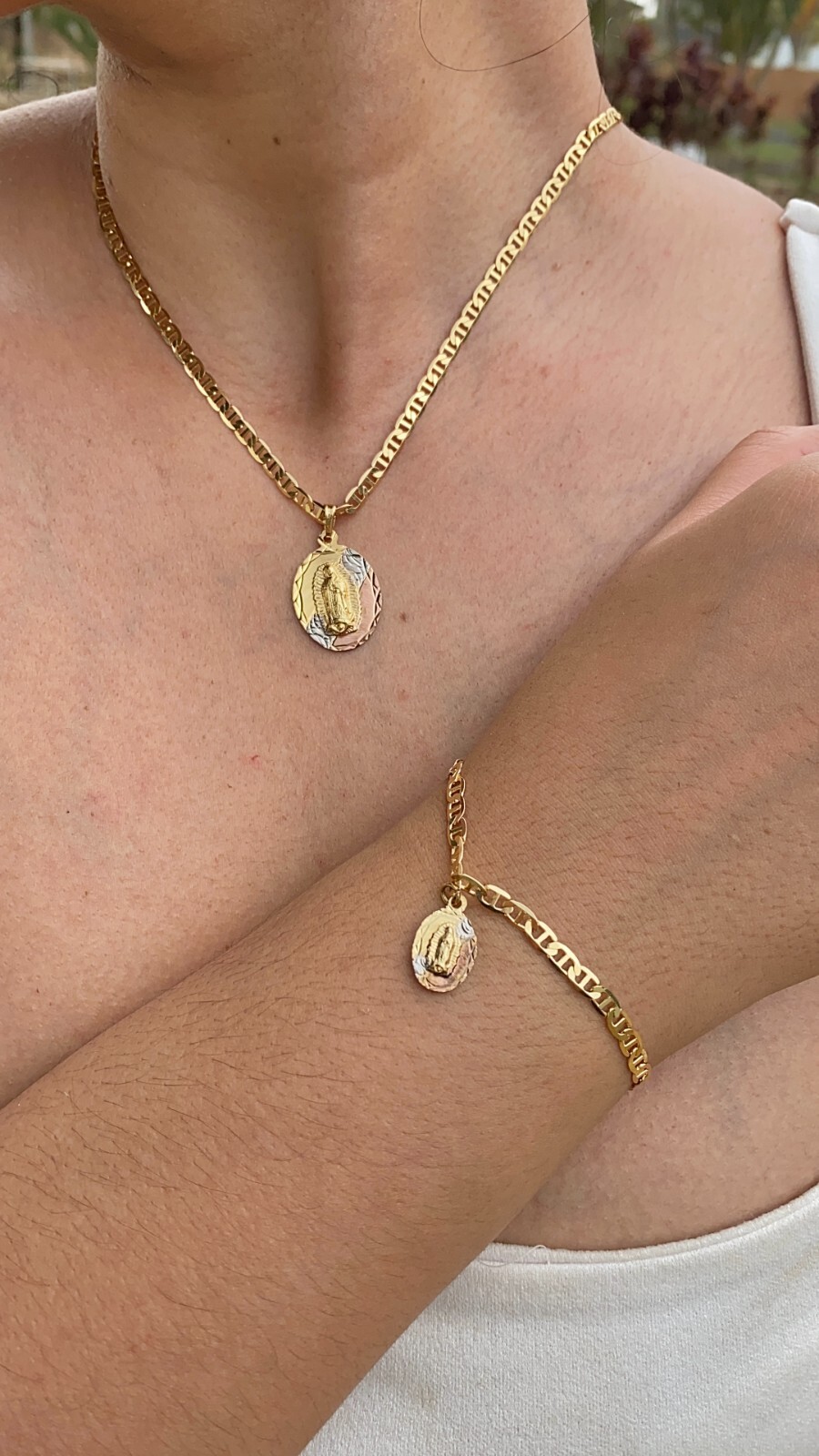14K Gold Filled Virgem de Guadalupe Set Necklace 20″ and Bracelet 7.5″ Womens