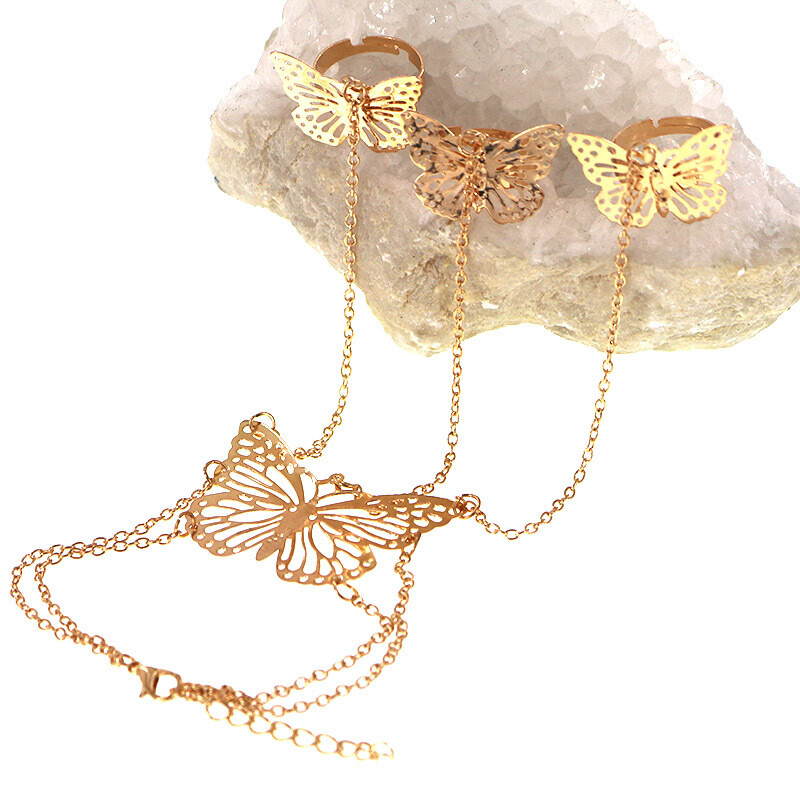 Adjustable Butterfly Bracelet Bangle Finger Ring Harness Hand Chain Slave