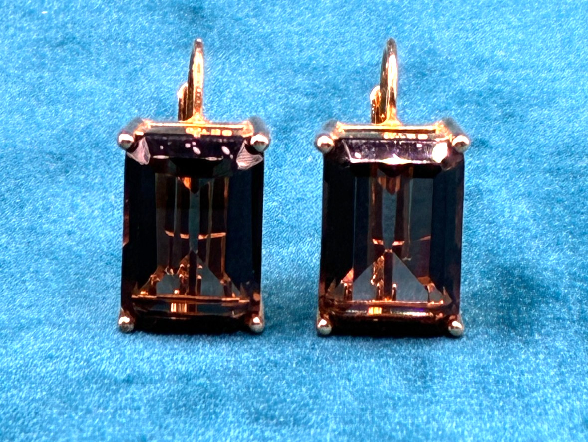 Smoky CZ Earrings SETA Emerald Cut Prong Set Lever Back Gold Tone .75″
