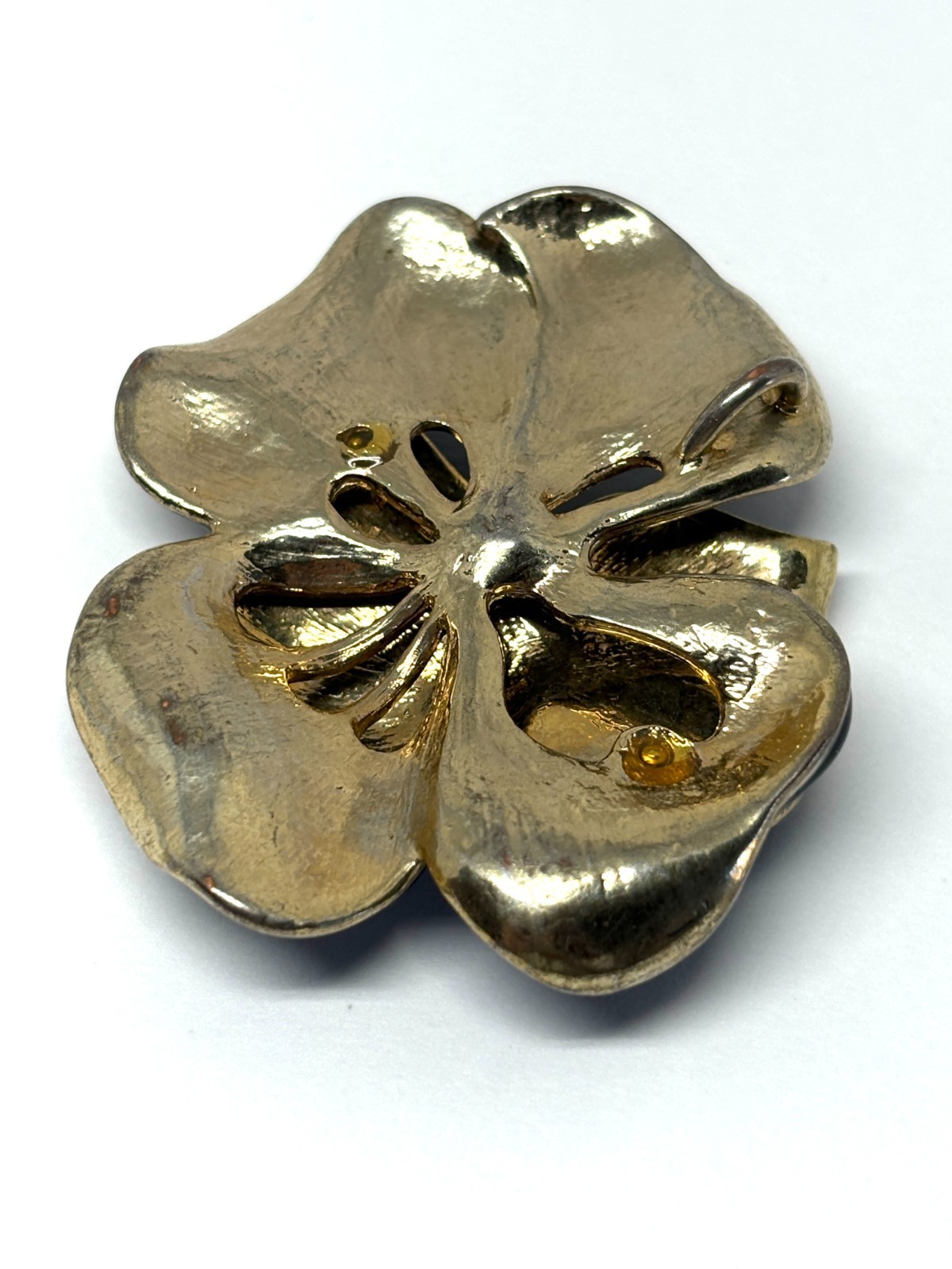 Large Black Enamel Gold Tone Flower Floral Camellia Pendant