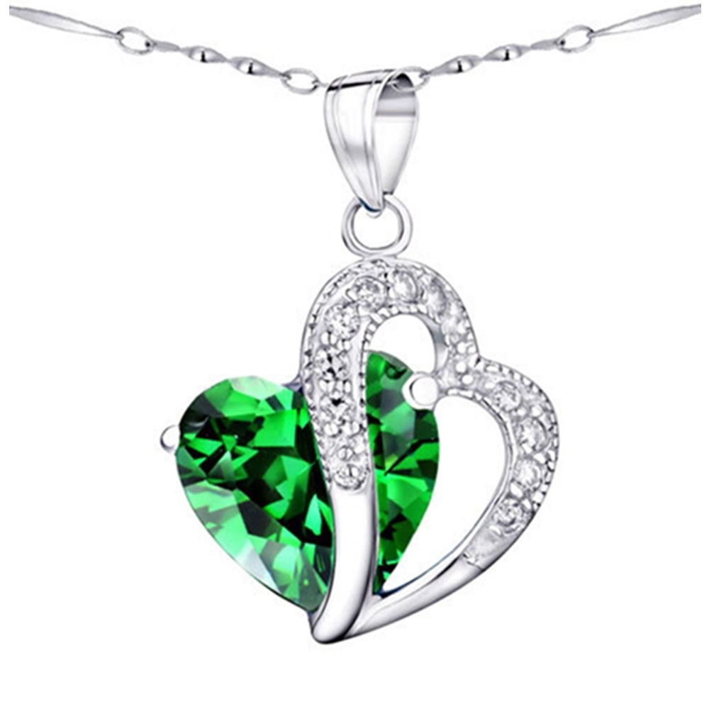 925 Sterling Silver Heart Cut Simulated Emerald Pendant Necklace New Year Sales