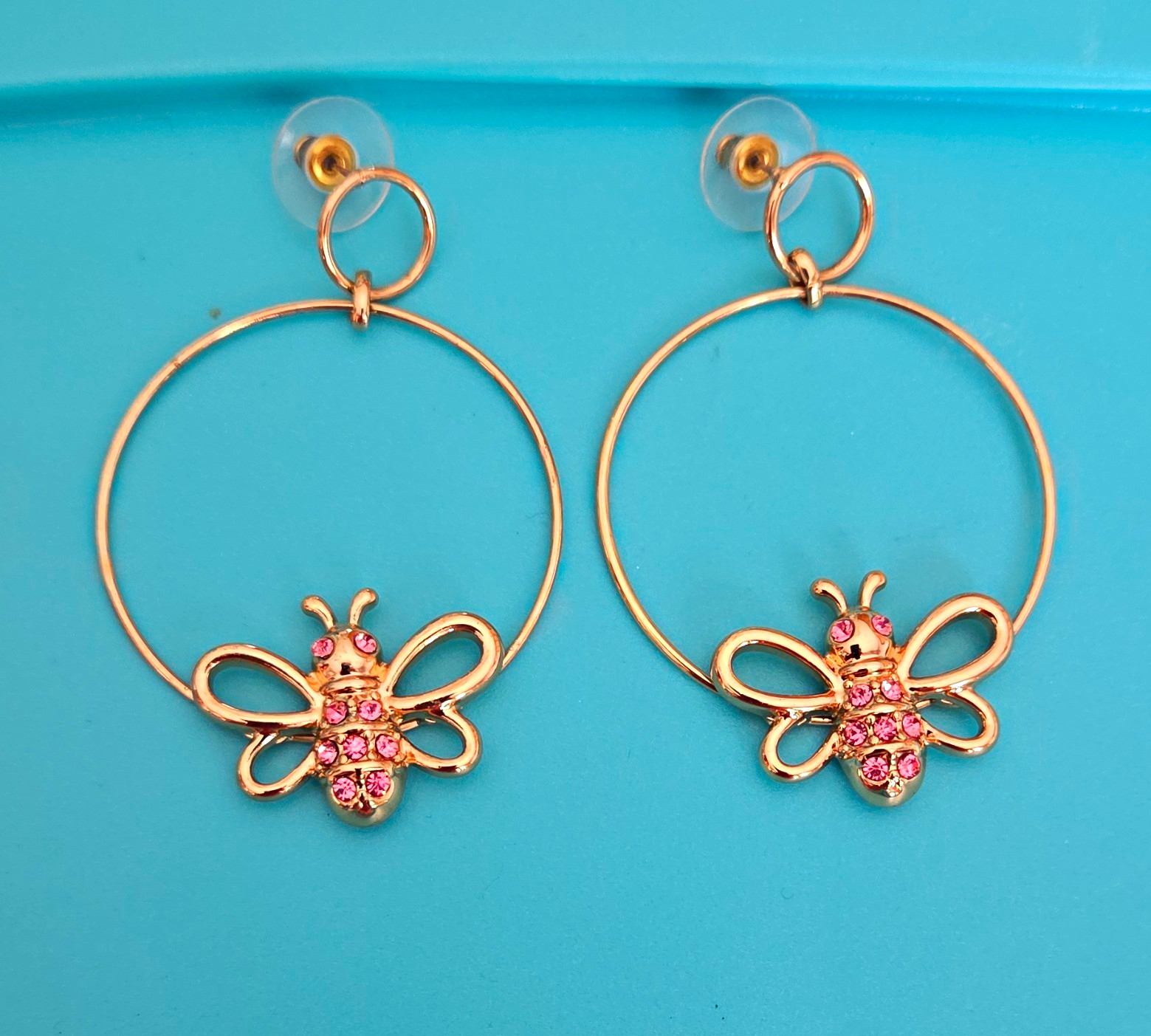 Gold Tone Hoop Dangle/Drop Earrings, Pink Rhinestone Butterfly, Nickel-Free