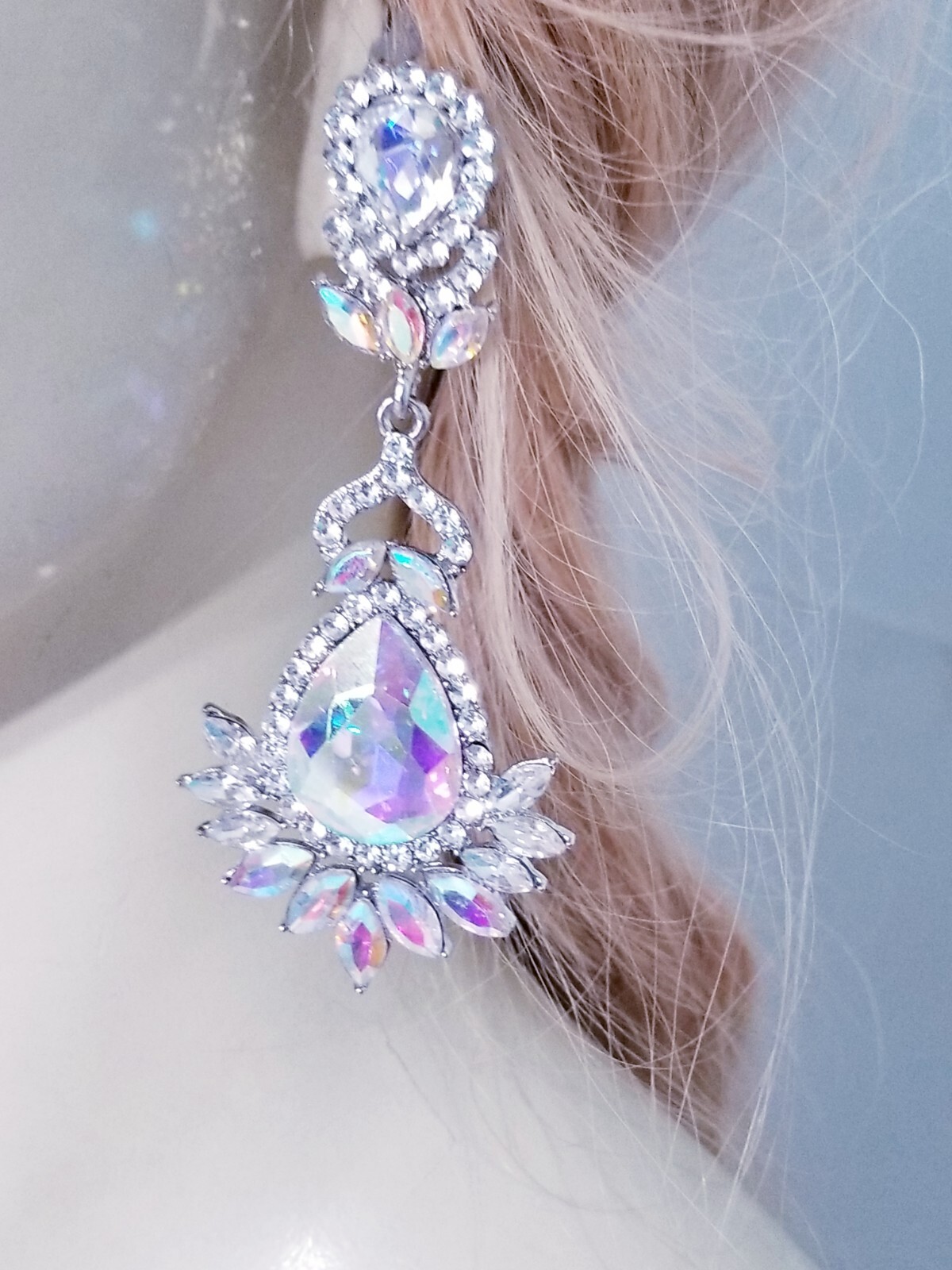 AB Drop Dangle Chandelier Rhinestone Crystal Pageant Bridal Earrings 3.9 Inch