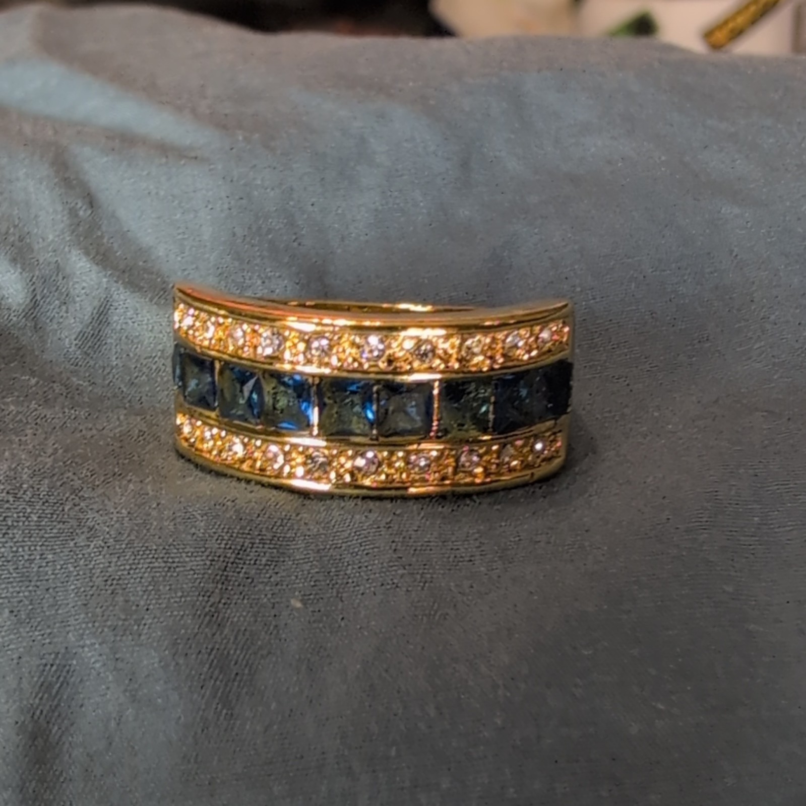 Gold-Tone Band Ring with Square Blue Stones and Clear Accent Stones size 7