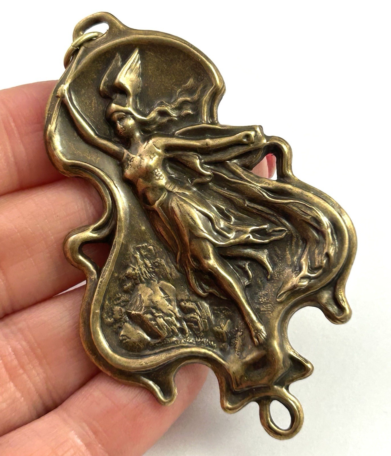 Winged Victory Charm Nike Goddess Art Nouveau Pendant Antiqued Brass Jewelry