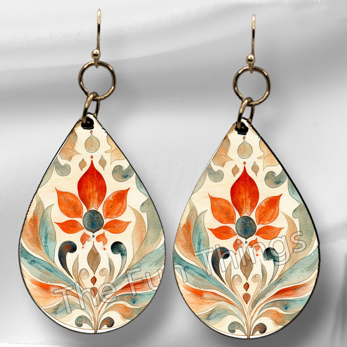 Folk Art Floral Art Print Teardrop Earrings NO TARNISHING Wood Dangle Drop Style