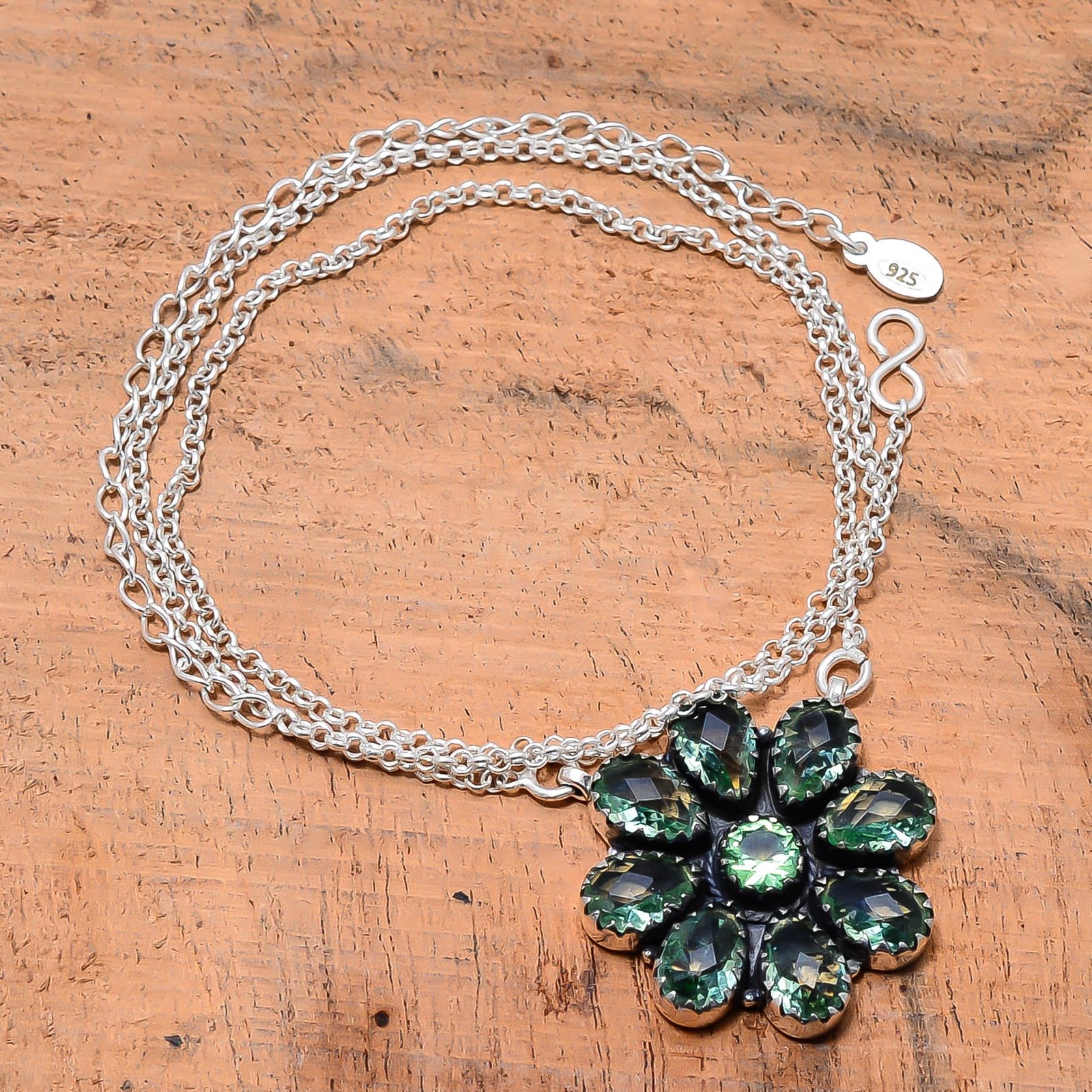 Green Amethyst 925 Sterling Silver Cluster Flower Necklace 19-23″ Cp10957124629