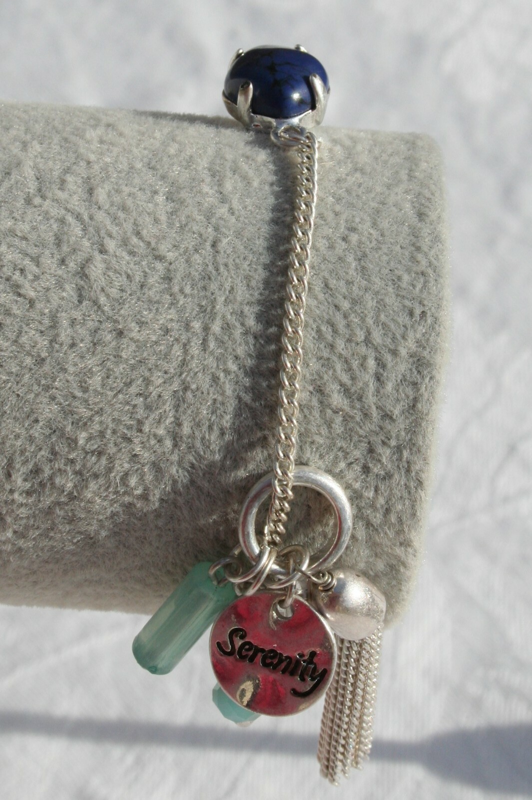 Charm Bracelet Black Cabachon Silver Tone Blue Crystal Dangle Toggle 7.5″