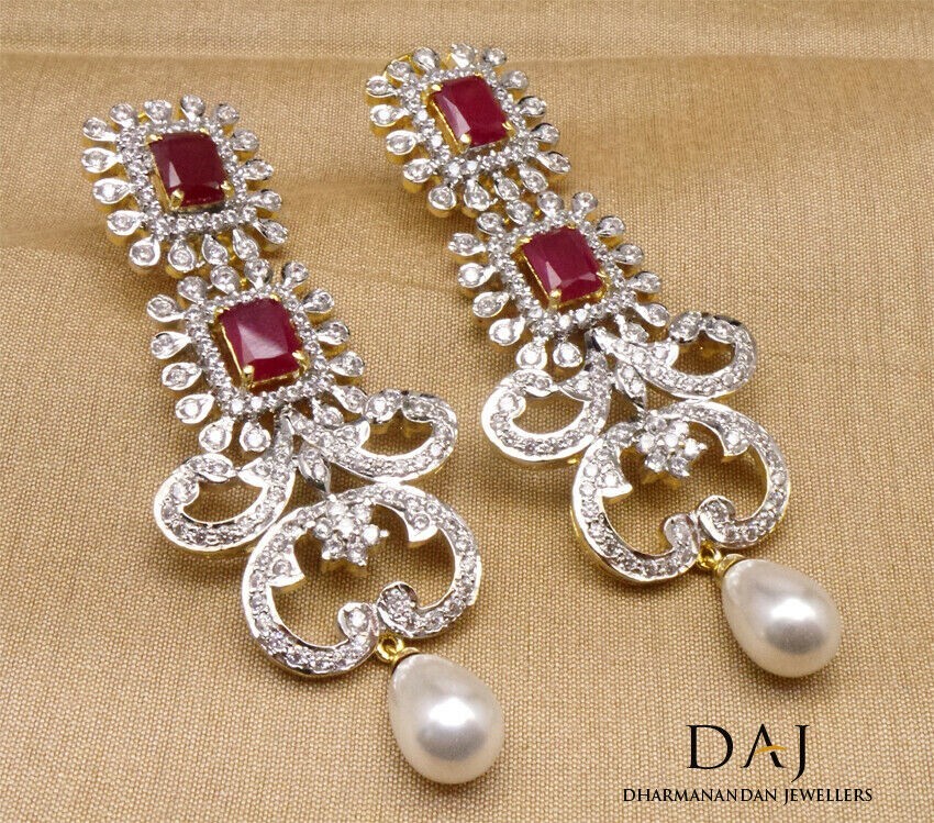 Opulent Red & CZ Dangle Earrings with Pearl Drop – Royal Elegance