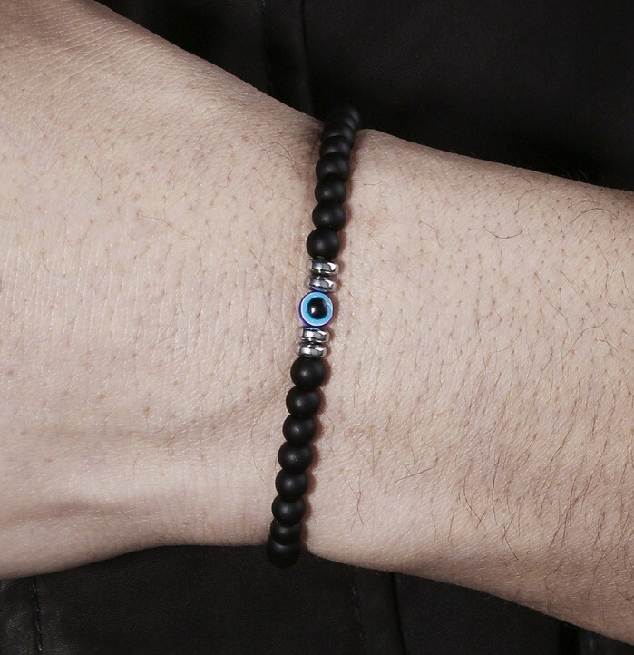 Evil Eye Black Tourmaline Stretch Bracelet 4mm Round Gemstone Beaded Jewelry