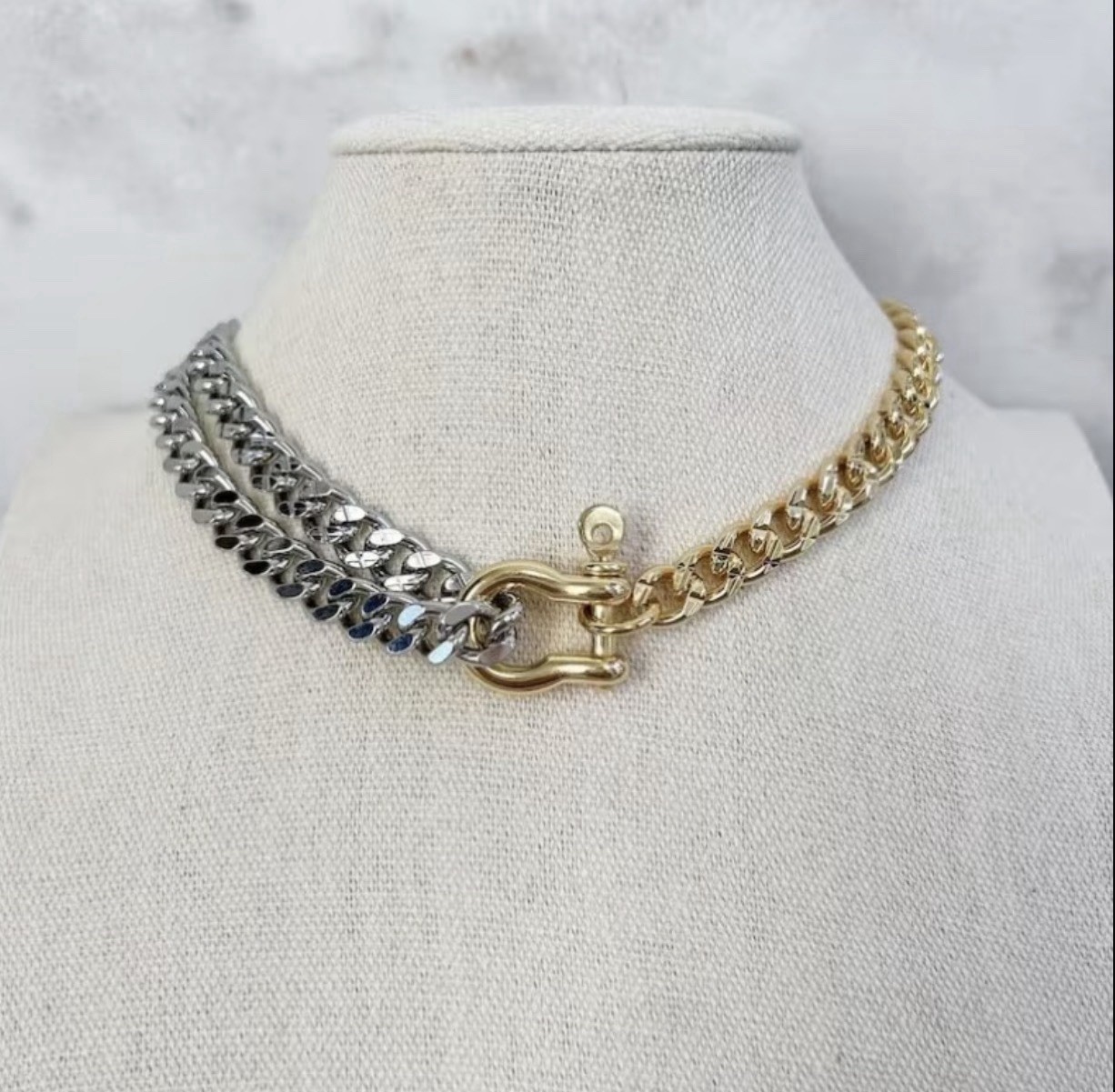 Silver & Gold Dual Chain necklace w/ Industrial Style Shackle Clasp
