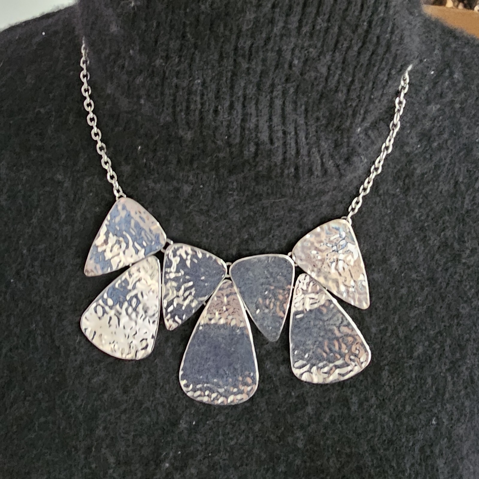 Silver Tone Hammered Metal Statement Bib Necklace Modern Geometric