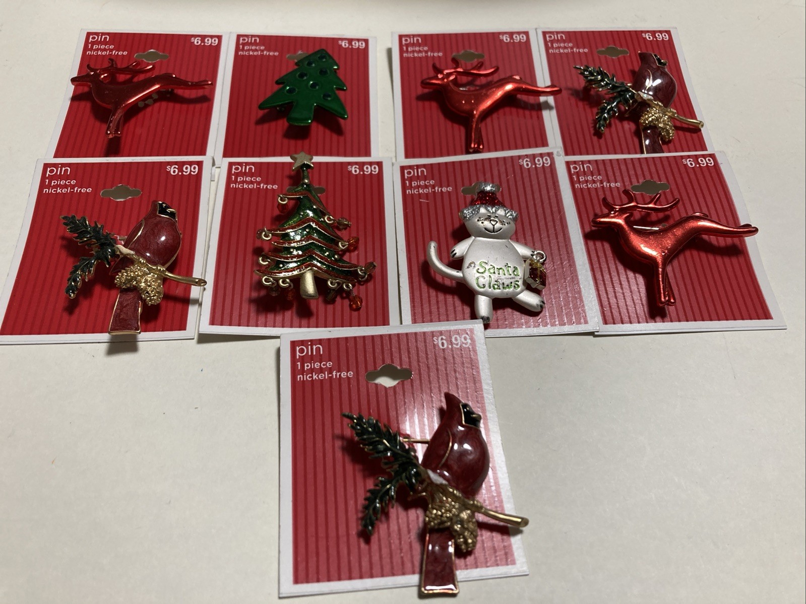 9 Holiday Lane Beautiful Cardinal & Red Deer, Tree, Santa Claws Silver Tone Pin