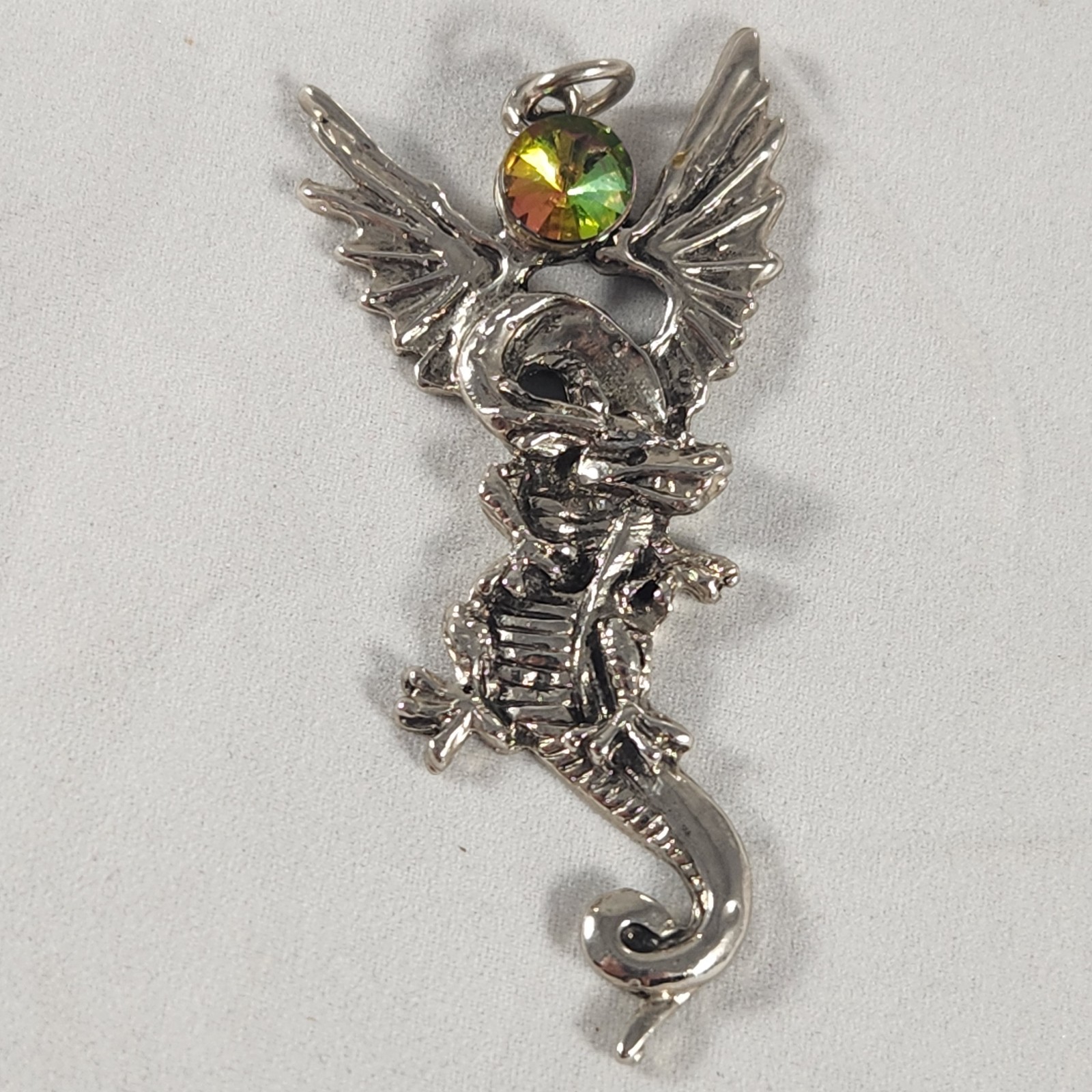 1990s Winged Dragon w/ Crystal Pendant Fantasy Gothic 2.25″x1″ Metal Alloy