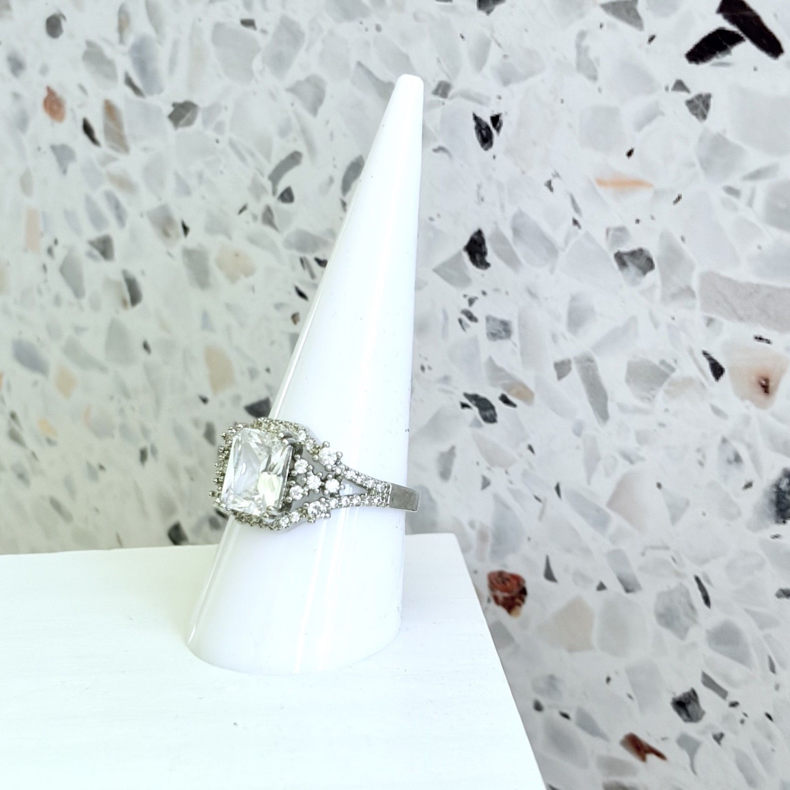 14k White Gold & 925 SS White Simulated Sapphire Radiant Cut Halo Women’s Ring