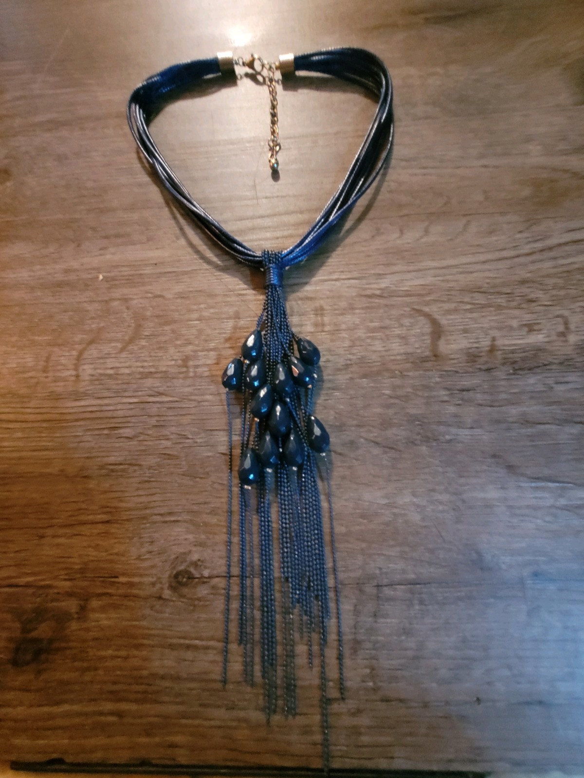 Long Dramatic Tassel Pendant Necklace Blue Multi-Strand Cording Statement Piece