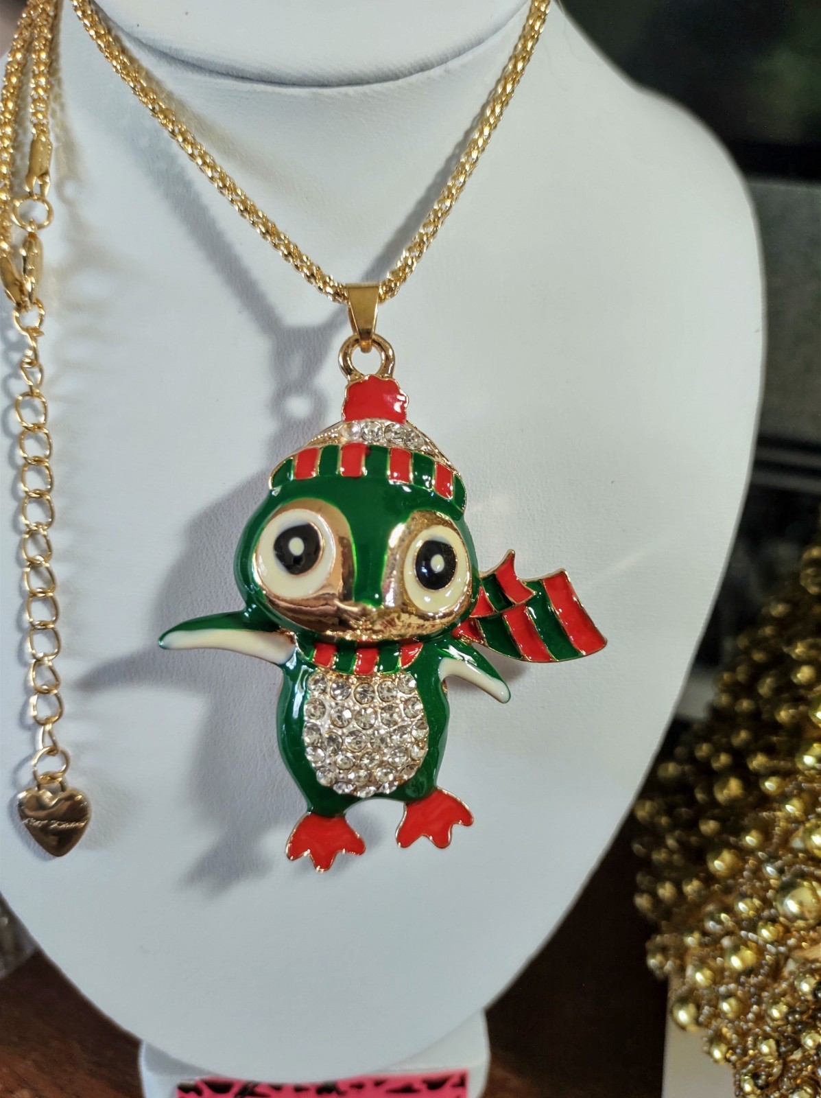 Betsey Johnson WINTER Green Red Crystal PENGUIN +SCARF Gold Pendant NECKLACE