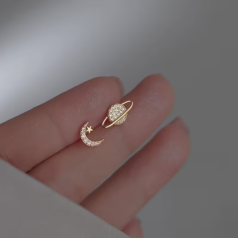 Gold Moon Saturn Earrings Asymmetrical Studs Women Planet Jewelry New Boutique